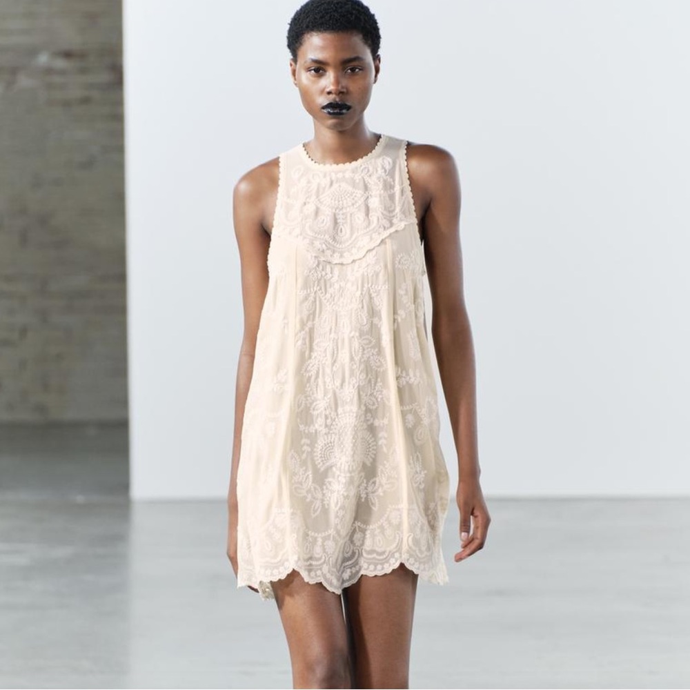 Zara Lace Overlay Contrast Embroidered Mini Sleeveless Dress l Beige-Pink | Sz S